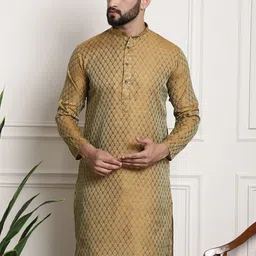 SOJANYA Men Golden & Beige Woven Design Jacquard Kurta-image-12