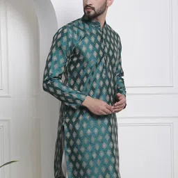 SOJANYA Men Teal & Gold-Toned Jacquard Kurta-image-86