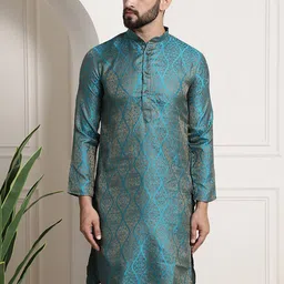 SOJANYA Men Teal & Gold-Toned Jacquard Kurta-image-72