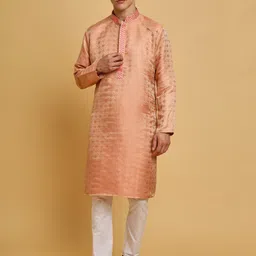 SWAGG INDIA Mandarin Collar Woven Design Thread Work Jacquard Cotton Wool Kurta-picture-13