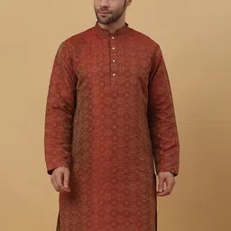 KRAFT INDIA Ethnic Motifs Woven Design Mandarin Collar Straight Jacquard Kurta-20