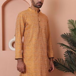 Anouk Mustard Ethnic Motifs  Self Design Band Collar Zari Jacquard Cotton Silk Kurta-24