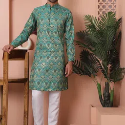 Jompers Men Ethnic Motifs Printed Thread Work Jacquard Kurta-image-64