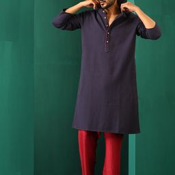 trueBrowns Ethnic Motifs Woven Design Band Collar Cotton Straight Kurta-image-45
