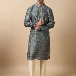 FILORI Ethnic Motifs Mandarin Collar Thread Work Art Silk Jacquard Straight Kurta-picture-17