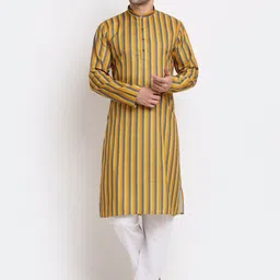 KRAFT INDIA Men Mustard Yellow & Blue Striped Pure Cotton Straight Kurta-picture-29