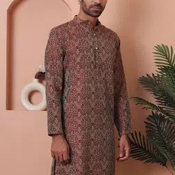 Anouk Maroon Ethnic Motifs  Self Design Band Collar Zari Jacquard Cotton Silk Kurta-23