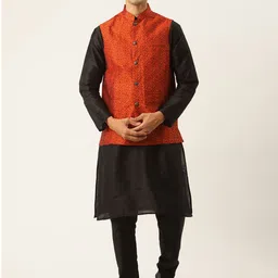 SOJANYA Men Black & Rust Orange Solid Kurta with Churidar & Woven Design Nehru Jacket-picture-36