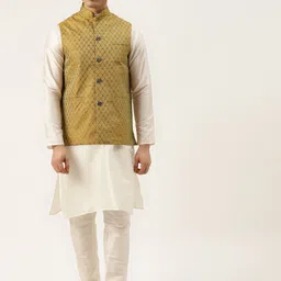 SOJANYA Men Off White Solid Kurta Set With Printed Jacket-picture-15