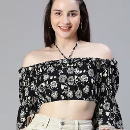 Oxolloxo Ethnic Printed Gathered Tie-Up Neck Bell Sleeve Bardot Crop Top-image-38