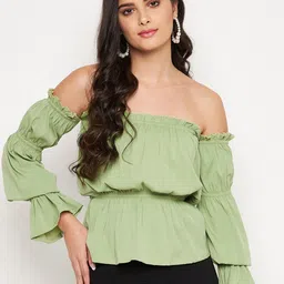 WineRed Green Off-Shoulder Ruffles Crepe Bardot Top-image-8