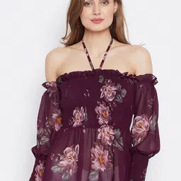 PANIT Burgundy Floral Print Off-Shoulder Neck Bardot Top-image-89