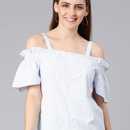 Oxolloxo Women White & Blue Bardot Top-picture-10