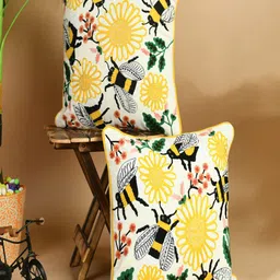 SHADES of LIFE Cream-Coloured & Yellow Set of 2 Embroidered Square Cotton Cushion Covers-7