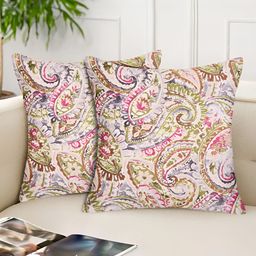 Tesmare Beige 2 Pcs Ethnic Motifs Velvet Square Cushion Covers-image-26