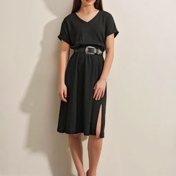 BIGDART Self Design V-Neck Extended Sleeves Fit & Flare Dress-6