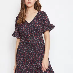 Berrylush Women Navy Blue & Red Micro Floral Printed Fit and Flare Dress-image-11