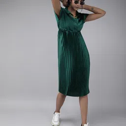 The Dry State Shirt Collar Accordion Pleats Fit and Flare Satin Dress-image-91