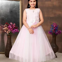 BAESD Girls Self Design Round Neck Sleeveless Net Fit & Flare Dress-37