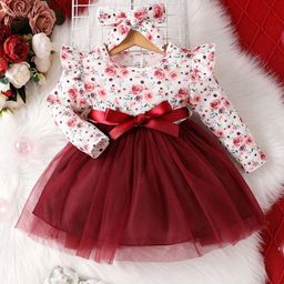 BAESD Girls Self Design Net Round Neck Casual Fit & Flare Dress Comes With A Belt-image-90