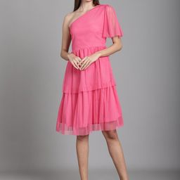 MARC LOUIS One Shoulder Flutter Sleeve Layered Net Fit & Flare Dress-picture-9
