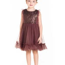 Cherry Crumble Girls Dark Brown Sequinned Net Fit & Flare Dress-picture-41