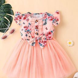 BAESD Girls Floral Print Round Neck Flutter Sleeve Net Fit & Flare Dress-57
