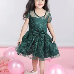 Cutiekins Girls Embellished Puff Sleeve Net Bow Fit & Flare Dress-image-62