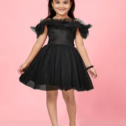 Aarika Girls Embellished Cold Shoulder Sleeves Gathered Detailed Net Fit & Flare Dress-8