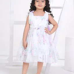 Peppermint Girls Square Neck Sleeveless Floral Print Net Fit & Flare Dress-image-58