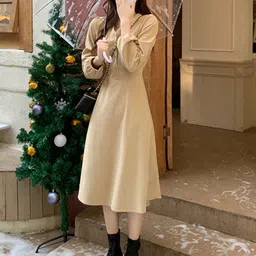 LULU & SKY V-Neck Puff Sleeves Fit & Flare Midi Dress-image-65