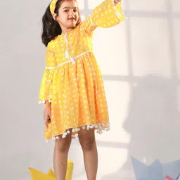 VASTRAMAY Girls Printed Tie-Up Neck Bell Sleeves Pom-Pom Detail Cotton Fit & Flare Dress-picture-29