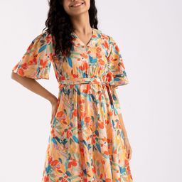 AASK Floral Printed Peter Pan Collar Flared Sleeve Crepe Fit & Flare Dress With Belt-image-3