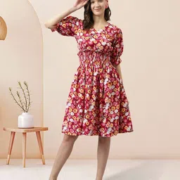 BAESD Floral Print Puff Sleeve Crepe Fit & Flare Dress-53