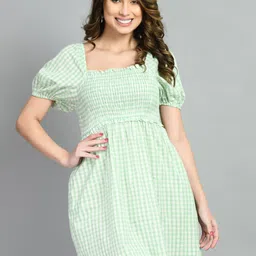 PRETTY LOVING THING Square Neck Smocked Checked Cotton Mini A-Line Dress-image-10