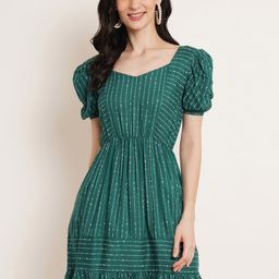U&F Green Striped Puff Sleeve Fit & Flare A-Line Dress-image-32