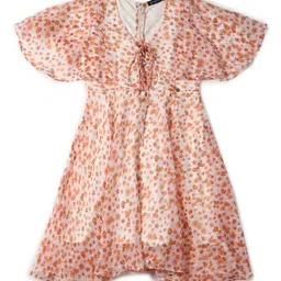 Allen Solly Junior Girls Cotton Floral Print Tie-Up Neck Cape Sleeve Fit & Flare Dress-picture-18