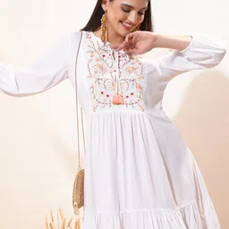 Vishudh White Floral Printed Tie-Up Neck Puff Sleeve Fit & Flare Dress-image-84