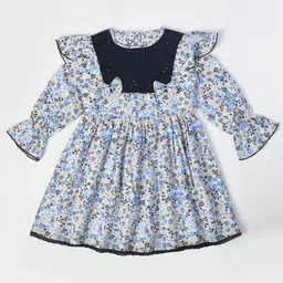 Bella Moda Girls Floral Printed Round Neck Embroidered Cotton Fit & Flare Dress-picture-17