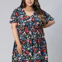 Oxolloxo Plus Size Floral Printed Smocked Fit & Flare Dress-picture-21