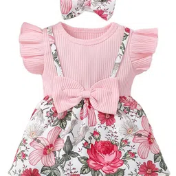 StyleCast x Revolte Girls Floral Printed Flutter Sleeves Fit & Flare Dress With Hairband-12