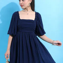Tokyo Talkies Navy Blue Flared Sleeve Ruched  Fit & Flare Dress-picture-7