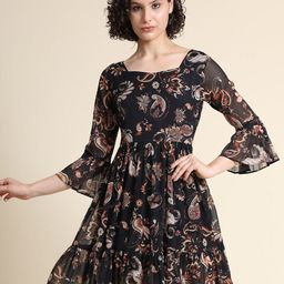 BAESD Floral Printed Square Neck Bell Sleeve Fit & Flare Dress-image-57