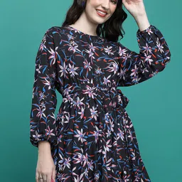 KETCH Floral Printed Cuffed Sleeves Fit & Flare Dress-image-23
