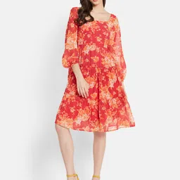 METTLE Floral Printed Puff Sleeves Tiered Cotton Fit & Flare Dress-image-4