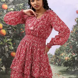 Tokyo Talkies Floral Printed Puff Sleeve Layered Fit & Flare Dress-image-75
