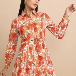 Tokyo Talkies Floral Printed Cuffed Sleeve Gathered Fit & Flare Dress-image-67