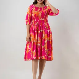 BAESD Abstract Printed Round Neck Puff Sleeve Smocked Fit & Flare Midi Dress-image-19