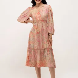 AASK Abstract Printed Puff Sleeve Tiered Gather Detailed Fit & Flare Dress-picture-8