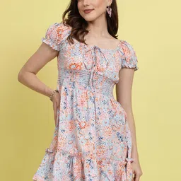 plusS Grey Floral Printed Puff Sleeves Smocked Fit & Flare Dress-image-75